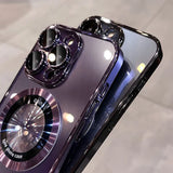 Two clear phone cases with iridescent purple accents and a circular magnetic ring.