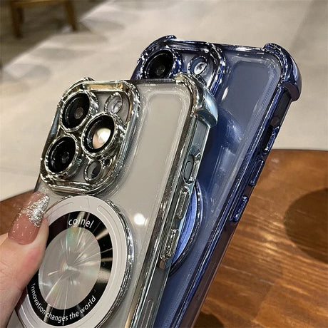 Two clear phone cases with metallic accents.