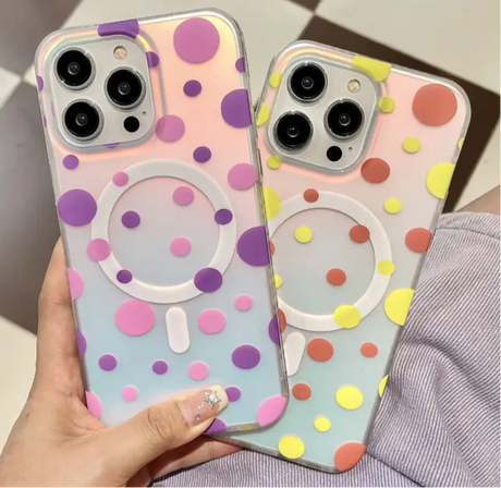 Two colorful polka-dot phone cases.