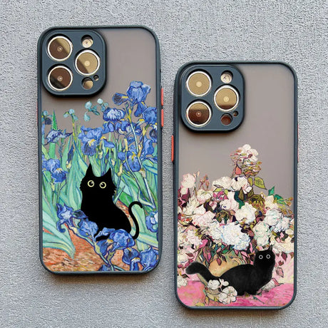 Two decorative iPhone cases featuring artistic designs with black cats among flowers.