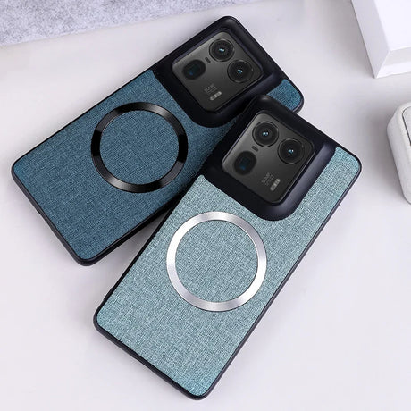 Two denim-textured phone cases with integrated magnetic rings and large camera cutouts.