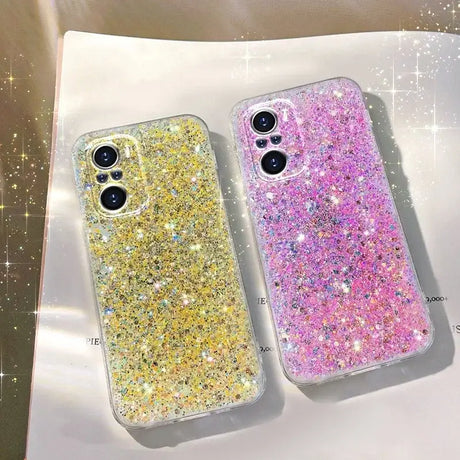 Two glitter iphone cases on a white background