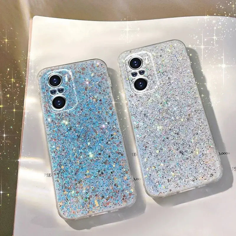 Two glitter iphone cases on a white background