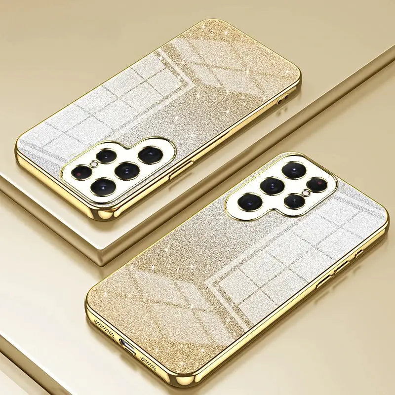 Two gold glitter cases with a camera lens