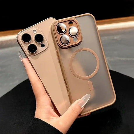 Two gold-toned iPhones with protective cases.