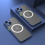 Two gray iPhones with MagSafe cases.