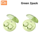 two green earphones in a case with a white background