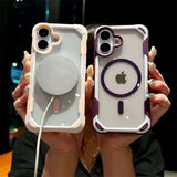 Two hands holding clear iPhone cases with colored protective bumpers and MagSafe-compatible accessories.