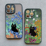 Two iPhone cases featuring artistic designs of black cats among colorful flowers.