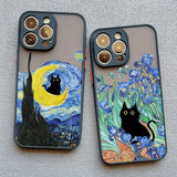 Two iPhone cases featuring artistic designs with black cats incorporated into famous paintings.