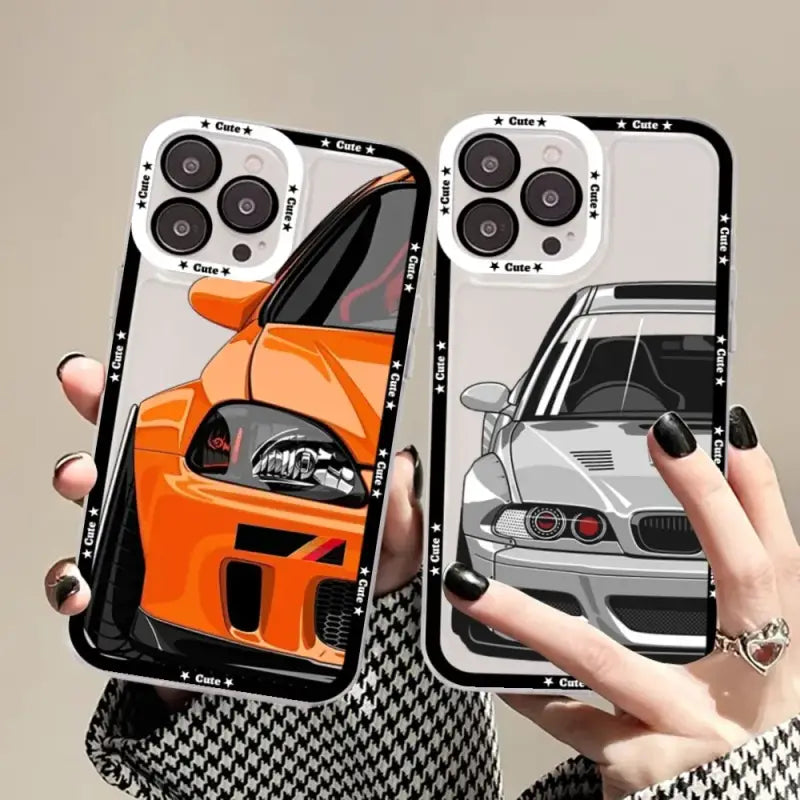 Two iphone cases with a car and a woman holding it