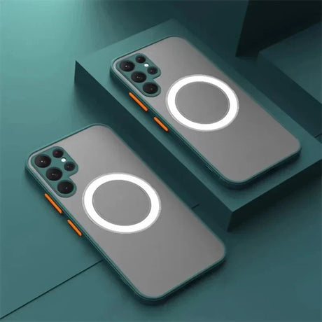 two iphone cases with a circular light on them