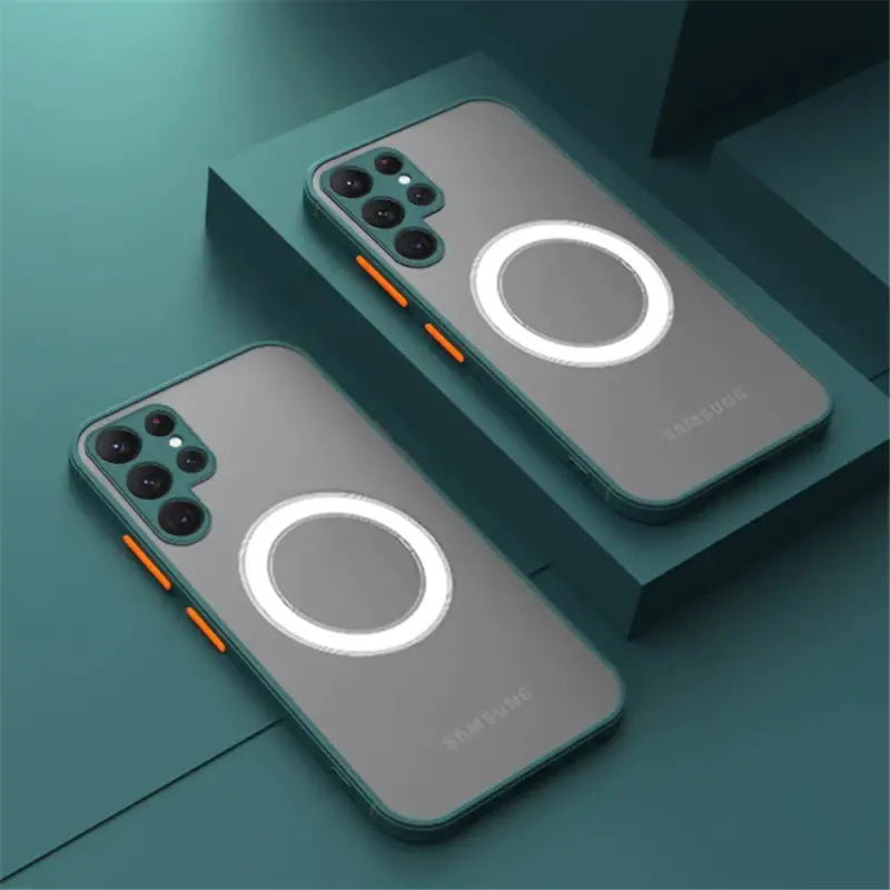 two iphone cases with a circular design on them