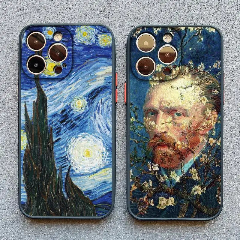 Two iPhone cases featuring famous Van Gogh paintings.