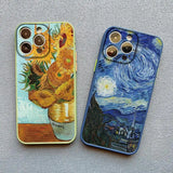 Two iPhone cases featuring famous Van Gogh paintings as their designs.