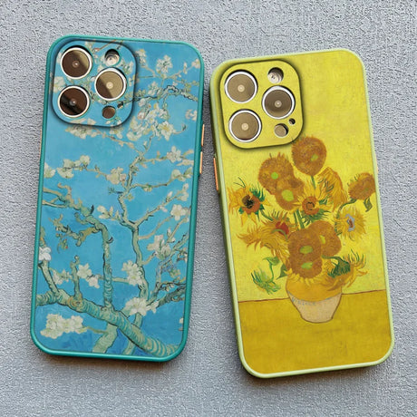 Two iPhone cases featuring famous paintings by Vincent van Gogh.