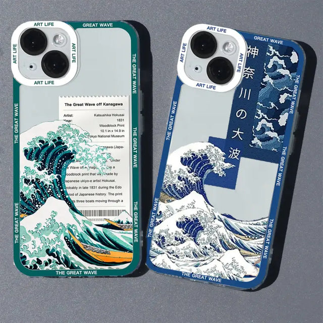 two iphone cases with the great wave design