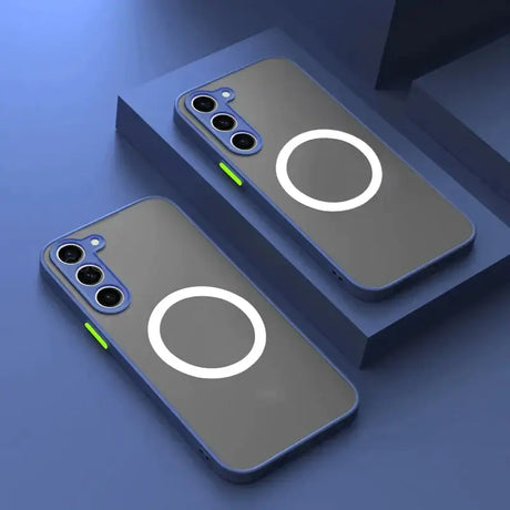 Two iphone cases with a green glow on them