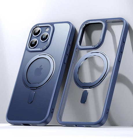 Two iPhone cases with MagSafe rings and camera cutouts in navy blue color.
