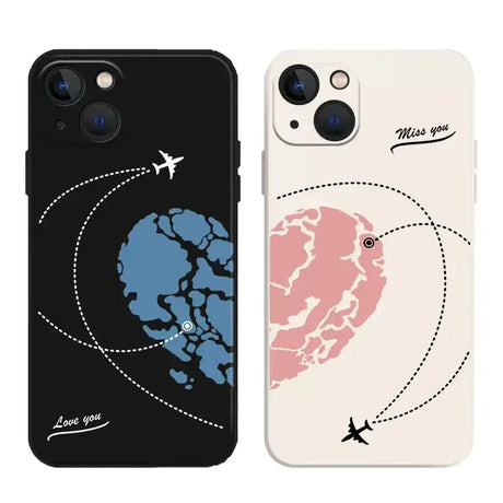 Two iphone cases with a map of the world and a plane