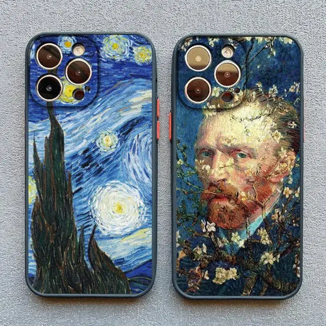 Two iphone cases with a painting of a man and a starr sky