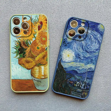 Two iphone cases with a painting of sunflowers on them