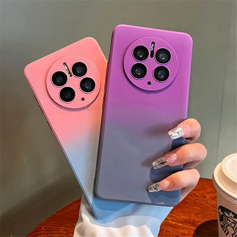 Two iphone cases with a purple and pink gradient