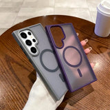 two iphone cases with a purple and grey color scheme