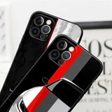two iphone cases with a red and black stripe