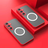 two iphone cases with a red background