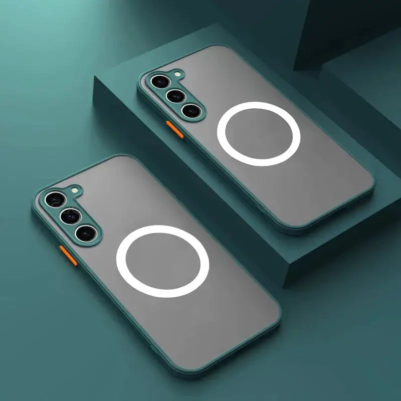 two iphone cases with a white circle on them