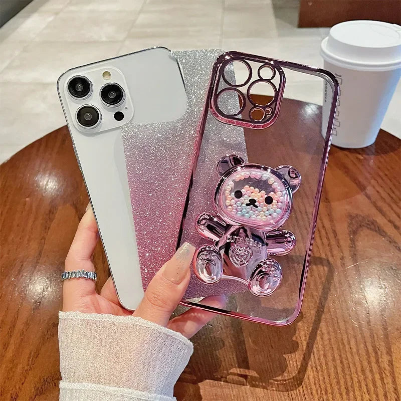 Luxury Plated Glitter Bling Case with Cute Teddy Bear Holder Stand For VIVO V30 Pro Case Soft Silicone Shockproof TPU Cover