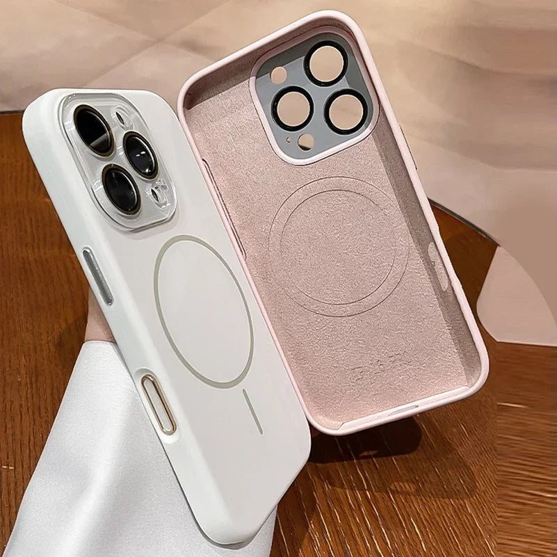 Two iPhone cases, one white and one pink.