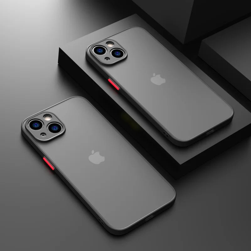 Two iPhone models with triple-lens cameras and a red accent on the side.