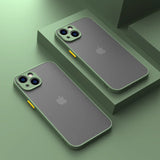 Two iPhone models with triple-lens cameras and matte green finishes.