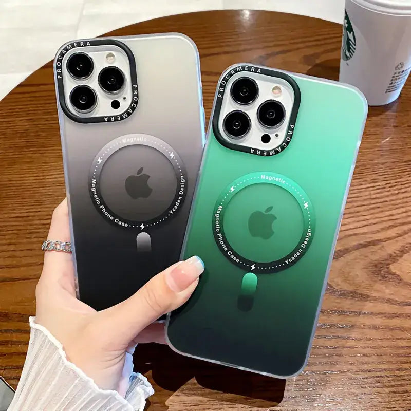 two iphones with a green and black case