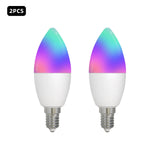 Two color-changing LED candle bulbs.