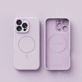 Two light purple iPhone cases, one showing the exterior with a magnetic ring and camera cutouts, and the other showing the interior with embossed details.