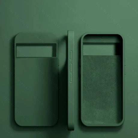 Two minimalist smartphone cases or covers in a dark green color.