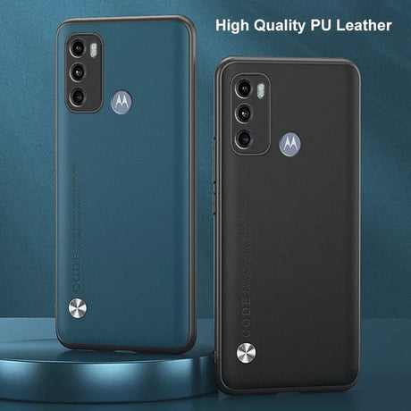 Two Motorola phone cases made of high-quality PU leather, one blue and one black.
