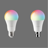 Two multicolored LED light bulbs with different base types.