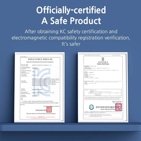 Two official certification documents displayed on a blue shelf.