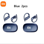 Two pairs of blue wireless earbuds with ear hooks and charging cases.