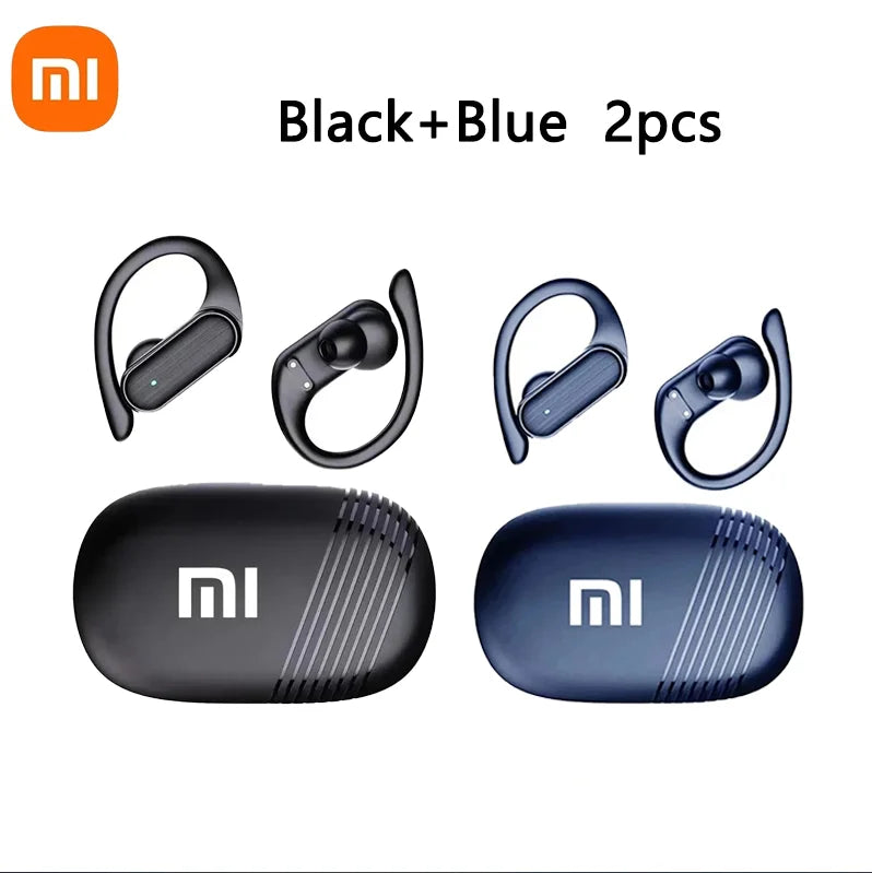 Two pairs of Xiaomi brand wireless earbuds with ear hooks and charging cases, one black and one blue.