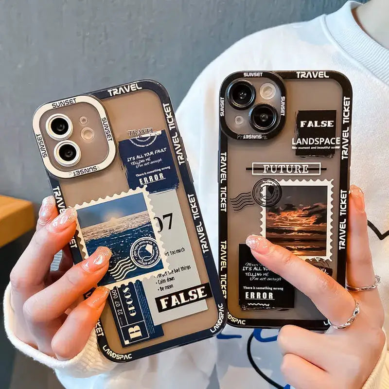 Two people holding up their cell phones with a passport case