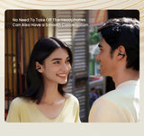 Two people wearing wireless earbuds.