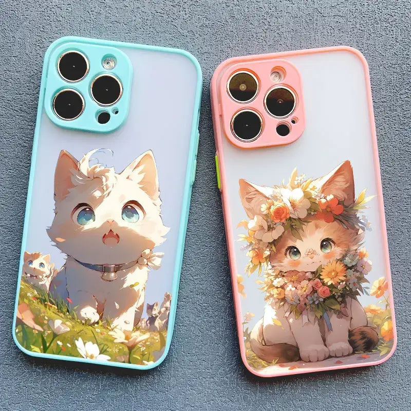 two phone cases with a cat and flowers