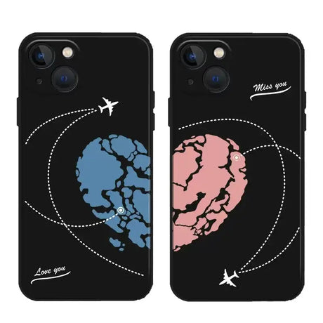 Two phone cases with a map of the world and a plane