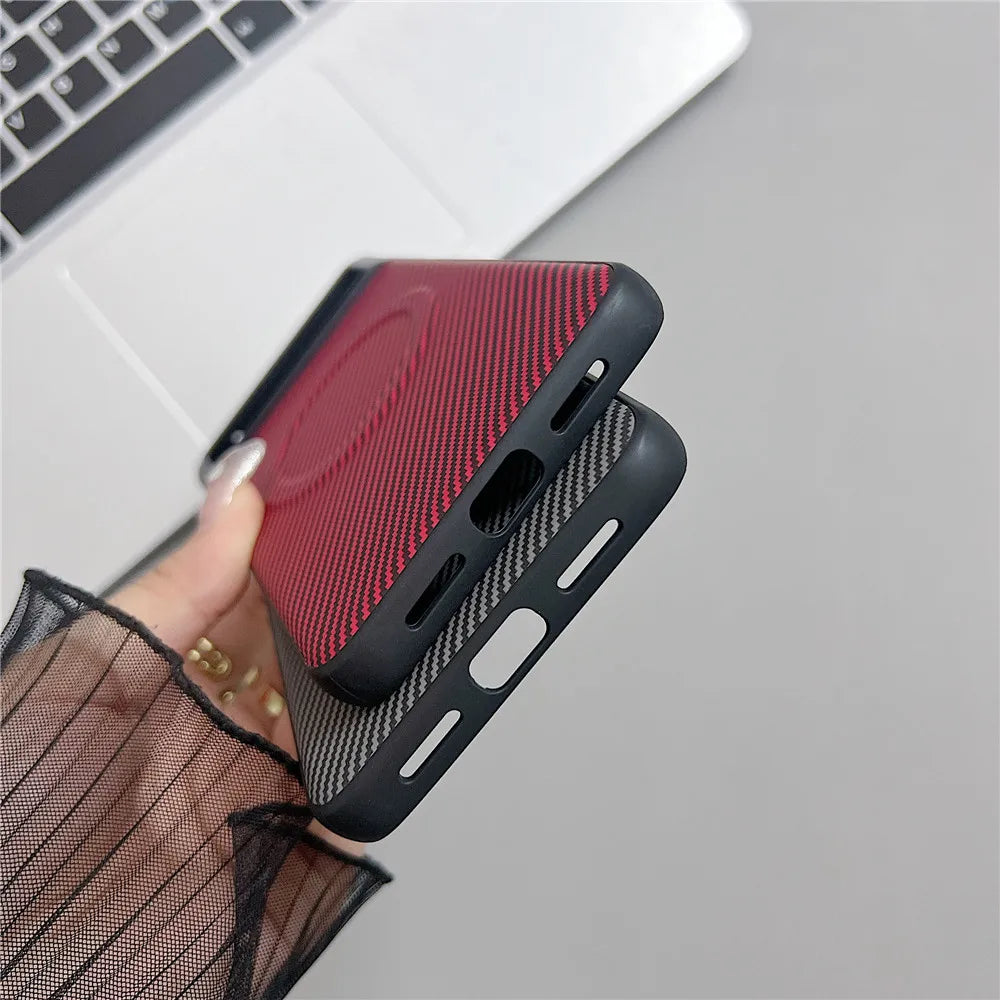 Two phone cases, one red woven with a circular magnetic attachment, and one gray woven, both with black borders and cutouts for buttons and ports.