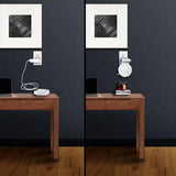 two pictures of a desk with a laptop and a lamp